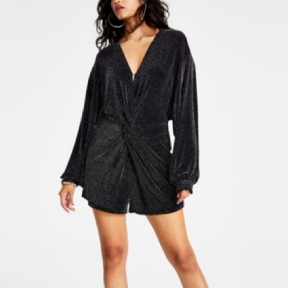 Bar III Twist Front Long Sleeve Black Sparkly Romper